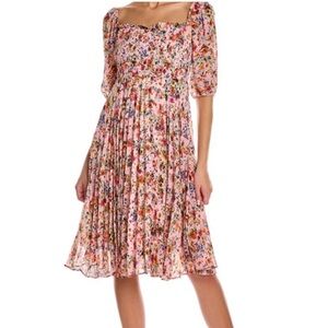 BCBG BCBGeneration Puff Sleeve Pleated & Smocked Pink Floral Midi Dress Size 2